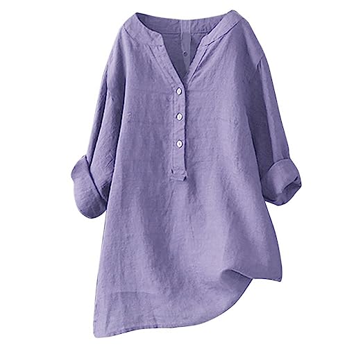 Leinen-T-Shirt für Damen, langärmelig, V-Ausschnitt, Knöpfe aus Baumwolle, Leinen, elegant, lang, bequem, Musselin, Sommerbluse, lässig, locker, langärmlig, Z02 Lila, XXXL, Z02 Lila, XXXL von KEIZHUONIQIU