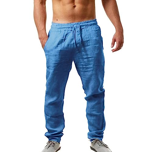 KEIZHUONIQIU Leinenhose Herren Lang Sommer Leicht Sommerhose Loose Fit Freizeithose Atmungsaktiv Bequem Baumwollehosen Casual Strandhosen Freizeithose Männer Leinen Hosen mit Tasche von KEIZHUONIQIU