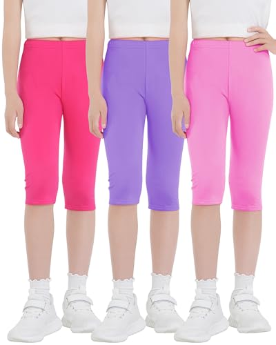 KEREDA Mädchen Kinder Capri 3/4 Leggings Kurze Hose Dreiviertel Baumwolle 3 Paar,Rosarot/Rosa/Violett,116-122 von KEREDA