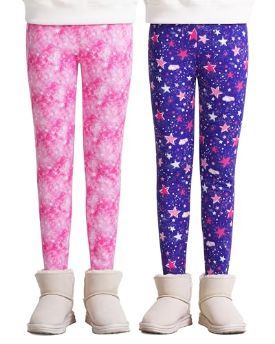 KEREDA Mädchen Leggings Thermo Gefüttert Winter Warme 2er-Pack,Lila Sterne/Rosa Sterne,134-140 von KEREDA