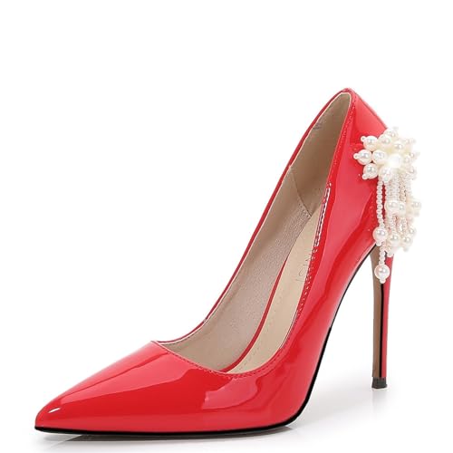 Damen-Pumps, 11,9 cm (4,7 Zoll), Spitze, geschlossene Zehen, Stiletto, sexy High Heels, Slip-on-Porm-Party-Hochzeitskleid-Schuhe(Color:Red,Size:37 EU) von KEROBGJFS