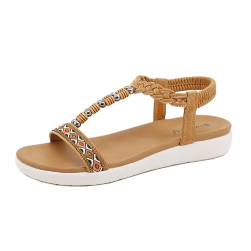 KEROBGJFS Damen-Sandalen, bequem zu Fuß, rutschfest, lässig, Sommer, Strandschuhe, Kleid, Knöchel, Stretch, C, Perlen, Bohemian-Flats von KEROBGJFS