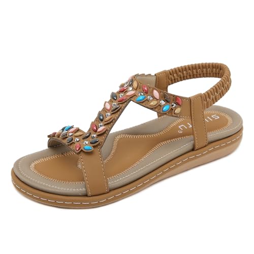 KEROBGJFS Damen-Sandalen, bequem zu Fuß, rutschfest, lässig, Sommer, Strandschuhe, Kleid, Knöchel, elastisch, mit Juwelen besetzt, böhmische Flats von KEROBGJFS