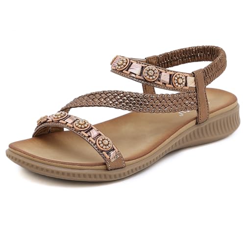 KEROBGJFS Damen-Sandalen, bequem zu Fuß, rutschfest, lässig, Sommer, Strandschuhe, Kleid, Knöchel, elastisch, mit Juwelen besetzt, böhmische Flats von KEROBGJFS