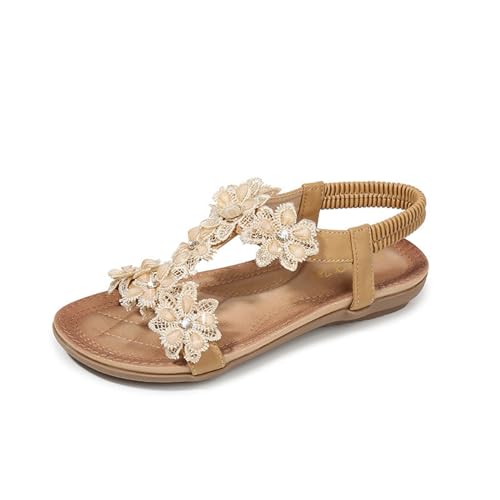 KEROBGJFS Damen-Sandalen, bequem zu Fuß, rutschfest, lässig, Sommer, Strandschuhe, Kleid, Knöchel, elastisch, mit Juwelen besetzt, böhmische Flats von KEROBGJFS