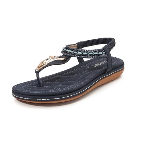 KEROBGJFS Damen-Sandalen, bequem zu Fuß, rutschfest, lässig, Sommer-Strandschuhe, Kleid, Knöchel, elastisch, mit Juwelen besetzt, Bohemian-Flats von KEROBGJFS