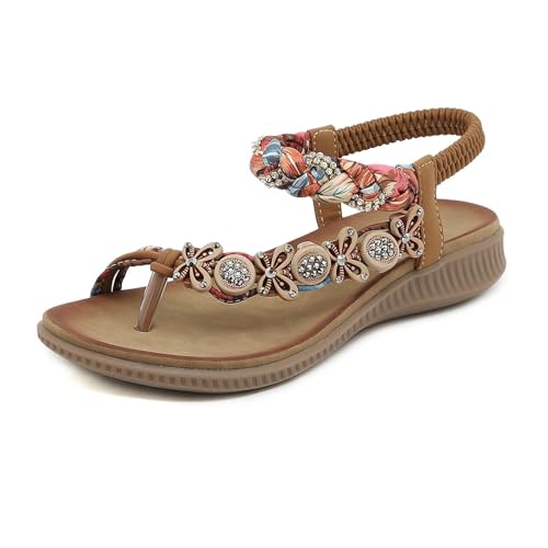 KEROBGJFS Damen-Sandalen, bequem zu Fuß, rutschfest, lässig, Sommer-Strandschuhe, Kleid, Knöchel, elastisch, mit Juwelen besetzt, Bohemian-Flats von KEROBGJFS