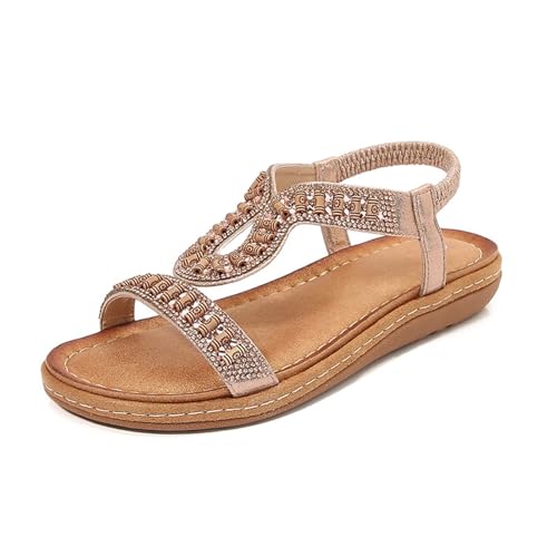 KEROBGJFS Damen-Sandalen, bequem zu Fuß, rutschfest, lässig, Sommer-Strandschuhe, Kleid, Knöchel, elastisch, mit Juwelen besetzt, Bohemian-Flats von KEROBGJFS