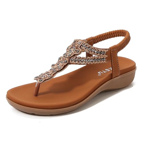 KEROBGJFS Damen-Sandalen, bequem zu Fuß, rutschfest, lässig, Sommer-Strandschuhe, Kleid, Knöchel, elastisch, mit Juwelen besetzt, Bohemian-Flats von KEROBGJFS