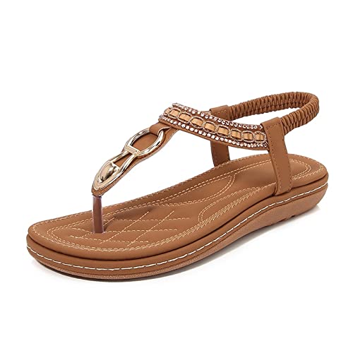 KEROBGJFS Damen-Sandalen, bequem zu Fuß, rutschfest, lässig, Sommer-Strandschuhe, Kleid, Knöchel, elastisch, mit Juwelen besetzt, Bohemian-Flats von KEROBGJFS