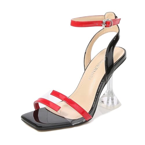 KEROBGJFS Damen-Sandalen mit klarem Absatz, quadratischer Zehenbereich, Knöchelriemen, sexy, hochhackige Stiletto-Kleiderschuhe von KEROBGJFS