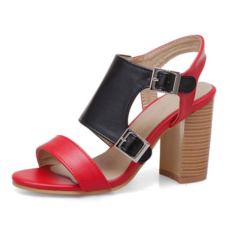 KEROBGJFS Damen Sandalen mit klobigem High Heel und offenem Zehenbereich, Knöchelriemen, zum Schnüren, für Hochzeit, Brautparty, Tanzschuhe, Damen, Braut(Red,32 EU) von KEROBGJFS