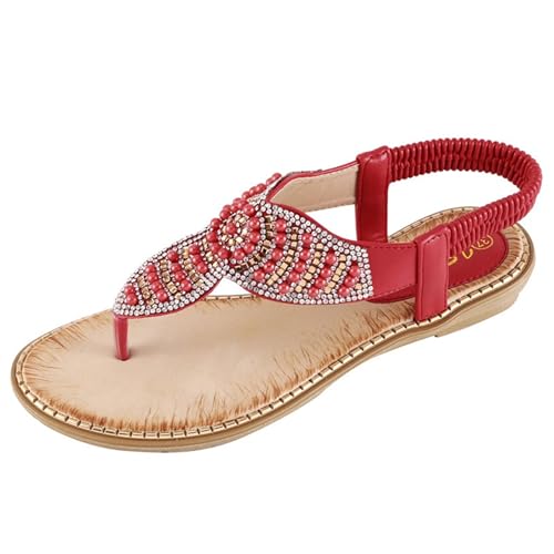 KEROBGJFS Flache Damen-Sandalen: Bequeme Sommer-Walking-Böhmische Perlen-Tanga-Damen-Flachsandalen von KEROBGJFS