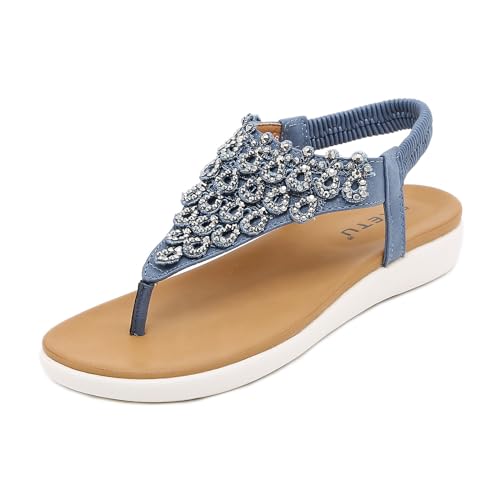 KEROBGJFS Sandalen für Damen, elegante Flats: Böhmische flache Sandalen für Damen, bequeme Sommer-Casual-Flip-Flops, elastischer Knöchelriemen von KEROBGJFS