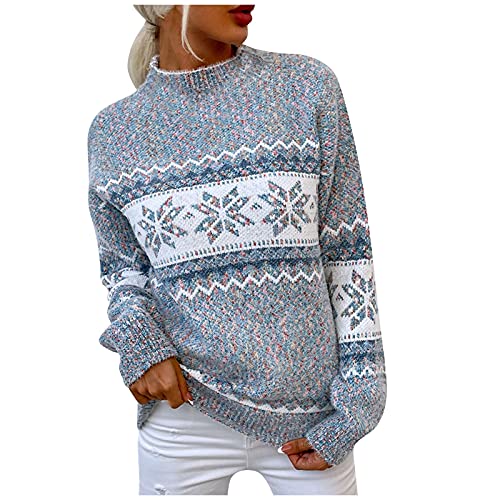 KEXIMIXUE Weihnachten Schneeflocke Drucken Pullover Damen Halber Stehkragen Strickpullover Lässige Thermik Sweatshirt(A-Grau,S) von KEXIMIXUE