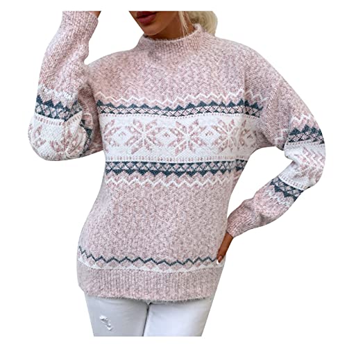 KEXIMIXUE Weihnachten Schneeflocke Drucken Pullover Damen Halber Stehkragen Strickpullover Lässige Thermik Sweatshirt(A-Rosa,M) von KEXIMIXUE