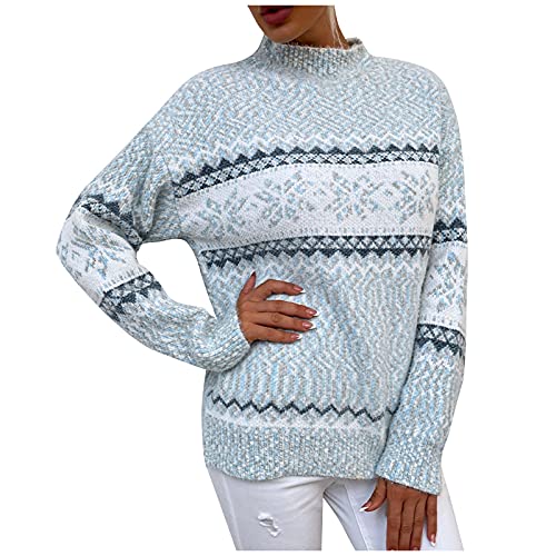 KEXIMIXUE Weihnachten Schneeflocke Drucken Pullover Damen Halber Stehkragen Strickpullover Lässige Thermik Sweatshirt(Hellblau,M) von KEXIMIXUE