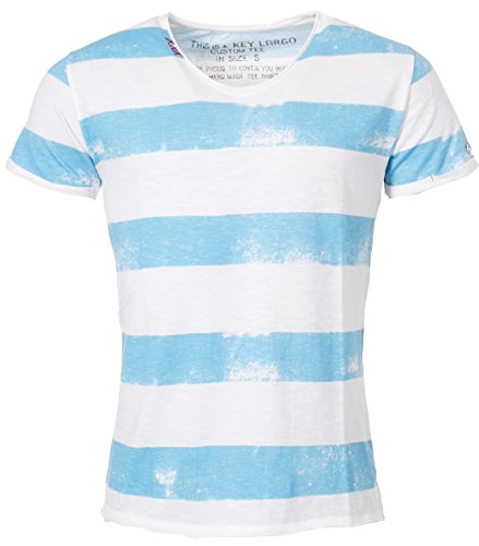 KEY LARGO Herren T-Shirt mit Querstreifen tiefer V-Ausschnitt Vintage Look gestreift Slimfit tailliert MT0046 deep v-Neck, Grösse:L;Farbe:Hellblau von KEY LARGO