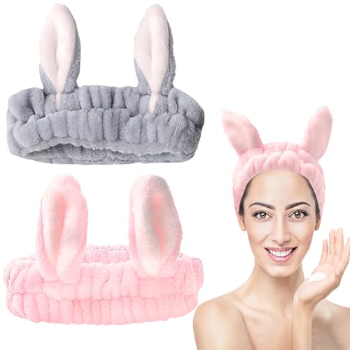 KEYRI 2 Stück Elastic Haarbänder Spa Haarbänder, Elastisch Kopfwickel Stirnband Frottee Coral Fleece Makeup Haarband Häschenohren-Stirnband, Haarband zum Waschen Gesicht für Mädchen Frauen (Rosa+Grau) von KEYRI