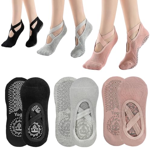 KEYRI 3 Paar Yoga Pilates Socke Rutschfeste Socken für Frauen Mädchen, Grippige Socken BodenSocke Anti-Rutsch Griffe Riemen, Einheitsgröße Socken für Fitness Ballett (Baumwolle, Schwarz+Pink+Grau) von KEYRI