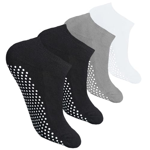 KEYRI 4 Paar Anti-Rutsch-Socken für Frauen Mädchen Yoga Socken, Grip-Socken Sportsocke Training Stopppersocken Pilates-Strümpfe, Einheitsgröße Rutschfeste Fußballsocken (Baumwolle, Schwarz+Weiß+Grau) von KEYRI