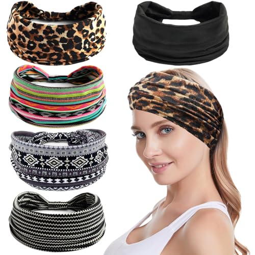 KEYRI 5 Stück Haarbänder Damen, Breites Stirnband Elastische Weiche Boho Haarbänder Leopard Print Schweißband Mehrfarbig Kopfband Sport Haarband Yoga Haarschmuck für Frauen (Mehrfarbig, Einheitsgröße) von KEYRI