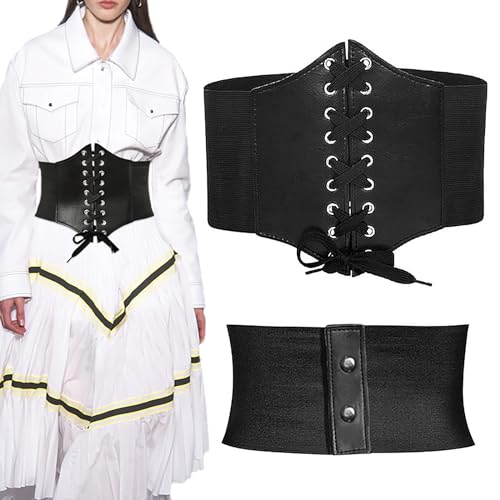 KEYRI Damen Korsett Gürtel Elastischen Retro Gürtel, Breiten Band Taille Hüftgurt Tied Gürtel Einheitsgröße, Breite Gürtel für Alltagsleben oder ThemenParty Dress Up Halloween Weihnachten (Schwarz) von KEYRI