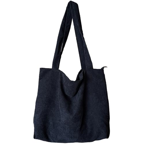 KEYRI Groß Umhängetasche Cord Tasche Damen Mit Reißverschluss, Schultertasche Damen Große Kapazität Tote Bag Shopper Lässige Strandtasche Aesthetic Handtasche für Alltag Büro Schule Einkauf (Schwarz) von KEYRI