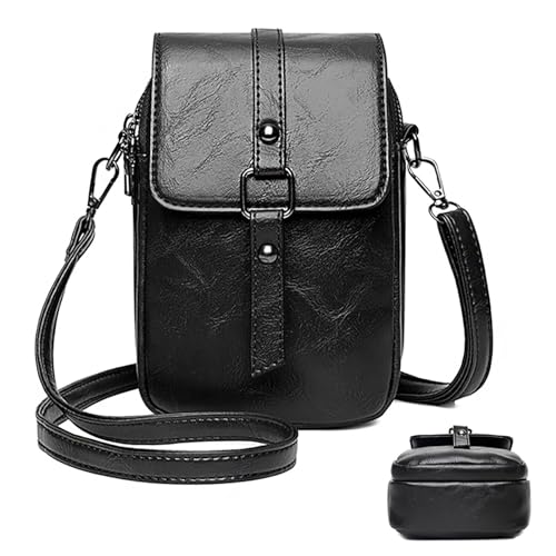 KEYRI Vintage Umhängetasche für Damen Handy Umhängetasche, Doppelbeutel Klein Umhängetasche PU Leder Crossbody Schultertasche, Reisepass Handytasche Tasche Mit Verstellbarem Schultergurt (Schwarz) von KEYRI