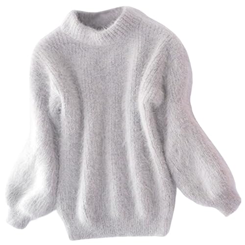 KEYULI Angora-Kaschmir-Mischung, lockerer, Warmer Pullover, lässiger Dicker Fleece-Rollkragenpullover, Rundhals-Strickpullover, Flauschiger Plüschpullover (Grau,Einheitsgröße) von KEYULI