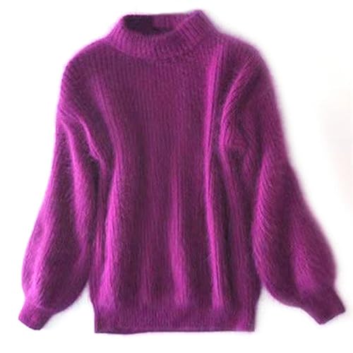 KEYULI Angora-Kaschmir-Mischung, lockerer, Warmer Pullover, lässiger Dicker Fleece-Rollkragenpullover, Rundhals-Strickpullover, Flauschiger Plüschpullover (Lila,Einheitsgröße) von KEYULI