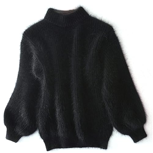 KEYULI Angora-Kaschmir-Mischung, lockerer, Warmer Pullover, lässiger Dicker Fleece-Rollkragenpullover, Rundhals-Strickpullover, Flauschiger Plüschpullover (Schwarz,Einheitsgröße) von KEYULI