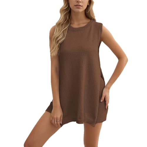 KEYULI Mirandas Sweater Set, Women Knit Pajamas Sets 2 Piece Outfits Casual Sleeveless Sweater Tank Top and Shorts, Sleeveless Tunic Top Matching Shorts 2 Piece Outfits Trendy (Brown,L) von KEYULI