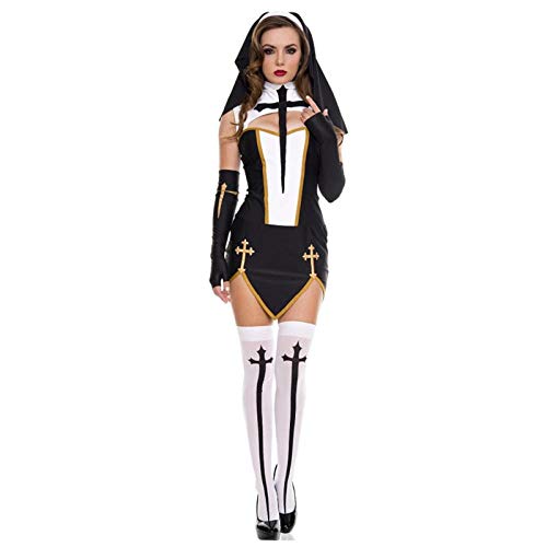 KHDFYER Bademantel Kurz Damen Schwarz Weiß Sexy Nonne Schwester Kostüm Jungfrau Maria Nonnen Kostüme Erwachsene Frauen Halloween Cosplay Party Kleid + Kapuze + Handschuhe + Strümpfe-Schwarz_XL KHDFYER Bademantel Kurz Damen Schwarz Weiß Sexy Nonne Schwester Kostüm Jungfrau Maria Nonnen Kostüme Erwachsene Frauen Halloween Cosplay Party Kleid + Kapuze + Handschuhe + Strümpfe-Schwarz_XL von KHDFYER