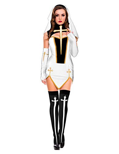 KHDFYER Negligee Damen Sexy Schwarz Weiß Sexy Nonne Schwester Kostüm Jungfrau Maria Nonnen Kostüme Erwachsene Frauen Halloween Cosplay Party Kleid + Kapuze + Handschuhe + Strümpfe-Weiß_XXL von KHDFYER