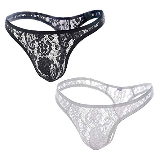 KHUFUZI Herren 2 Farben Pack Sexy Brief Coole Spitze Tanga Mesh G-Strings Bikini Unterwäsche Geschenk für Freund von KHUFUZI