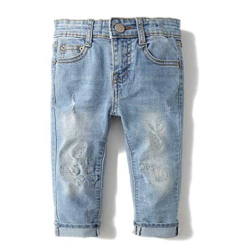 KIDSCOOL SPACE Baby Mädchen Jungen Slim Jeans,D-Ring Gummiband innen Zerrissene Jeanshose,Hellblau,7-8 Jahre von KIDSCOOL SPACE