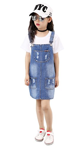 KIDSCOOL SPACE Jeans-Overallkleid für kleine Mädchen, zerrissene verstellbare Denim-Latzhose,Blau,8-9 Jahre von KIDSCOOL SPACE