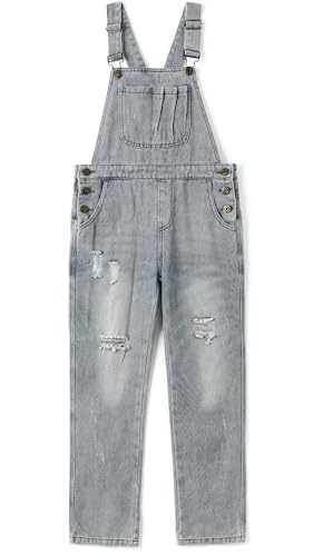 KIDSCOOL SPACE Mädchen-Denim-Latzhose,Little Big Kid Zerrissene Jeans-Arbeitskleidung,Hellgrau,8-9 Jahre von KIDSCOOL SPACE