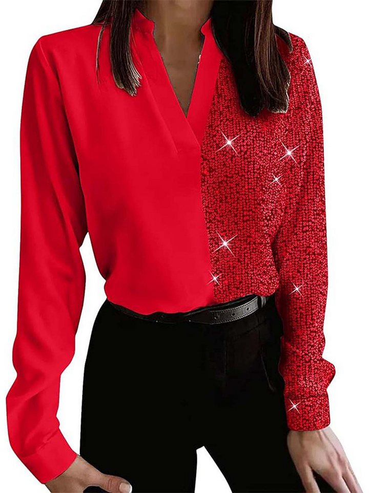 KIKI Chiffonbluse langärmliges Damen-Hemd Oberteil mit hellem Flash-Einsatz V-Ausschnitt von KIKI