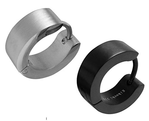 Kikuchi Herren Ohrringe Klapp- Creolen Silber + Schwarz Matt Edelstahl 5 mm / 13 mm Ø Gerade ER15160 von KIKUCHI JEWELRY