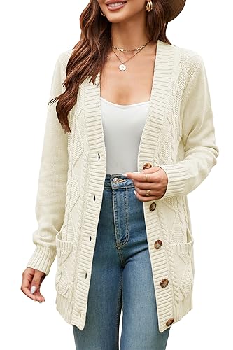 KILIG Strickjacke Damen Lang Grobstrick Cardigan Warm Winter Strickmantel Casual Sweater mit Taschen Beige von KILIG