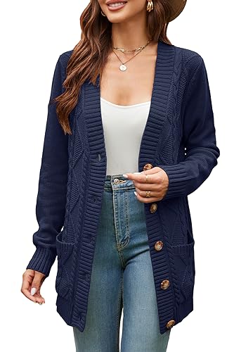 KILIG Strickjacke Damen Lang Grobstrick Cardigan Warm Winter Strickmantel Casual Sweater mit Taschen Marine von KILIG