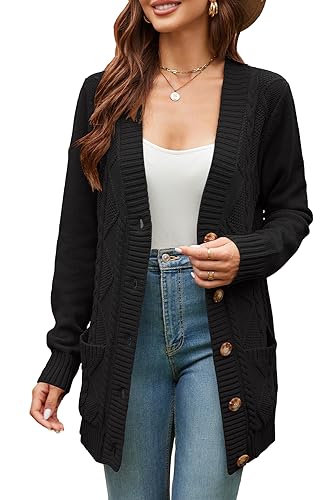 KILIG Strickjacke Damen Lang Grobstrick Cardigan Warm Winter Strickmantel Casual Sweater mit Taschen Schwarz von KILIG