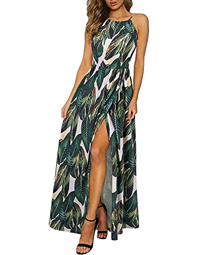 KILIG Sommerkleid Damen Lang Maxikleid Neckholder Elegant Sommer Kleid Hochzeitsgast Partykleid Schlitz Freizeitkleid (Floral-N,Small) von KILIG