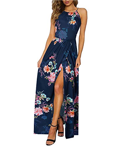 KILIG Sommerkleid Damen Lang Maxikleid Neckholder Elegant Sommer Kleid Hochzeitsgast Partykleid Schlitz Freizeitkleid (Floral-K,X-Large) von KILIG