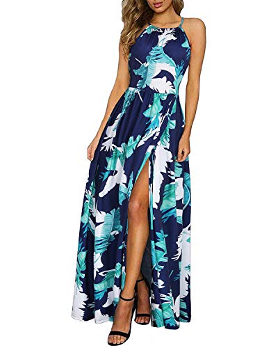 KILIG Sommerkleid Damen Lang Maxikleid Sommer Neckholder Elegant Kleid Hochzeitsgast Partykleid Schlitz Freizeitkleid (Floral-A,X-Large) von KILIG