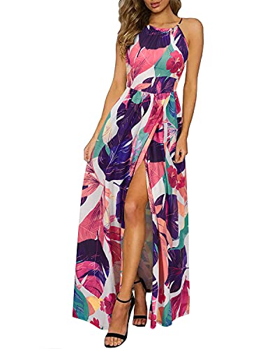 KILIG Sommerkleid Damen Lang Maxikleid Neckholder Elegant Sommer Kleid Hochzeitsgast Partykleid Schlitz Freizeitkleid (Floral-O,Large) von KILIG