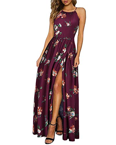 KILIG Maxikleider Damen Sommer Neckholder Sommerkleid Elegant Lang Maxi Kleid Hochzeitsgast Schlitz Freizeitkleid 2023 (Floral-c, XX-Large) von KILIG