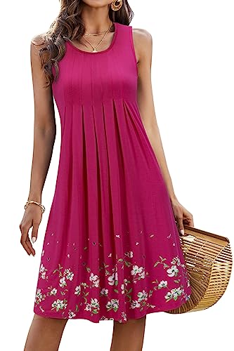 KILIG Sommerkleid Damen Strandkleid Midi Ärmellose Kleid Sommer Leicht Blumenkleid Freizeitkleid (Rose,L) von KILIG